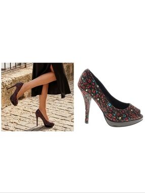 Aldo Floral Peep Toe Heels Black Multicolor Size 6.5